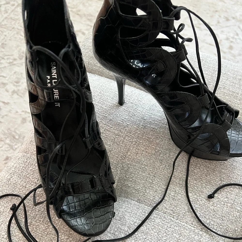 New Saint Laurent Black Croc Embossed Leather Platform Gladiator Sandals 37.5 - Picture 3 of 5